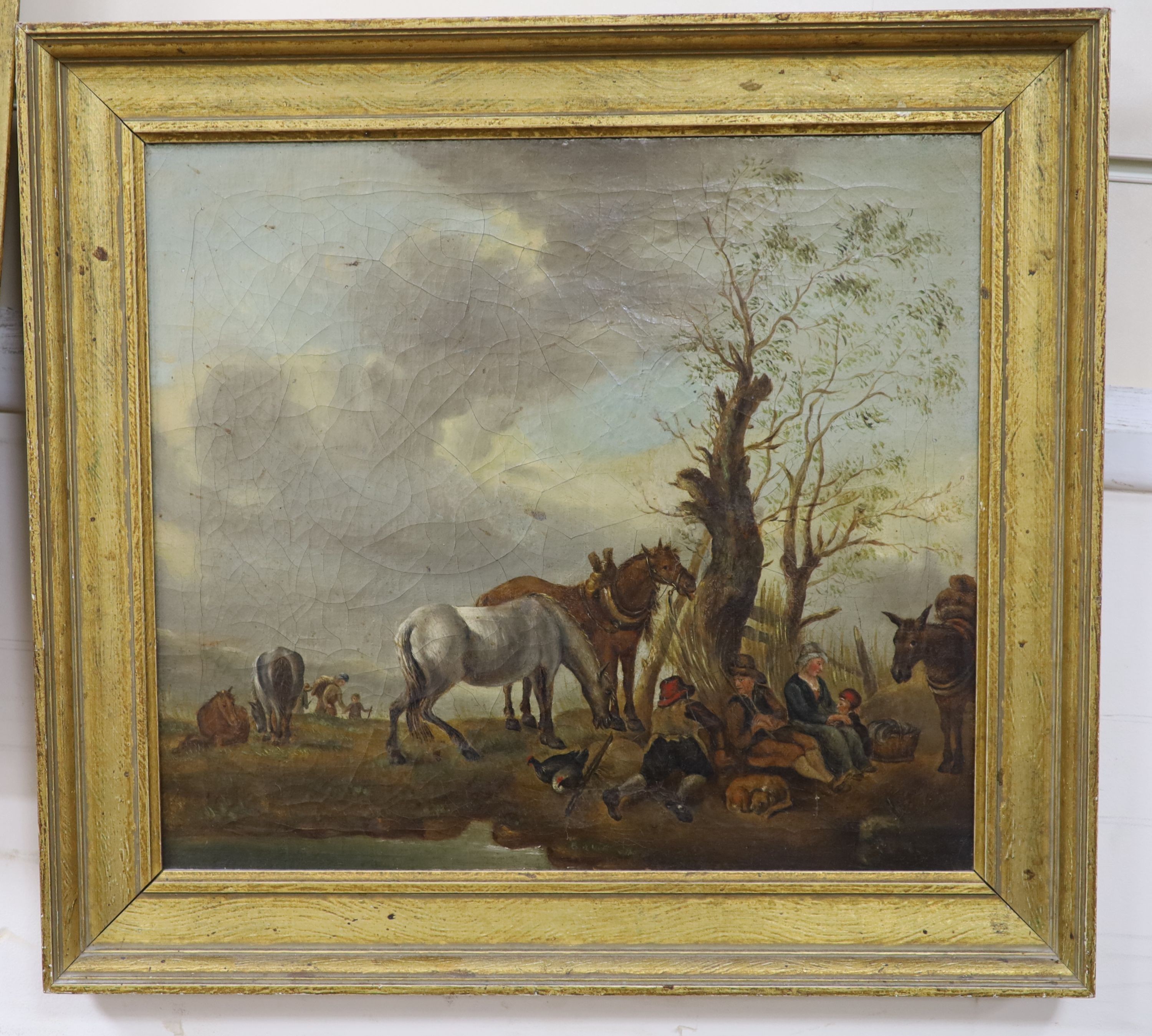 19th century Continental School, oil on canvas, Horses and travellers at rest, 32 x 35cm